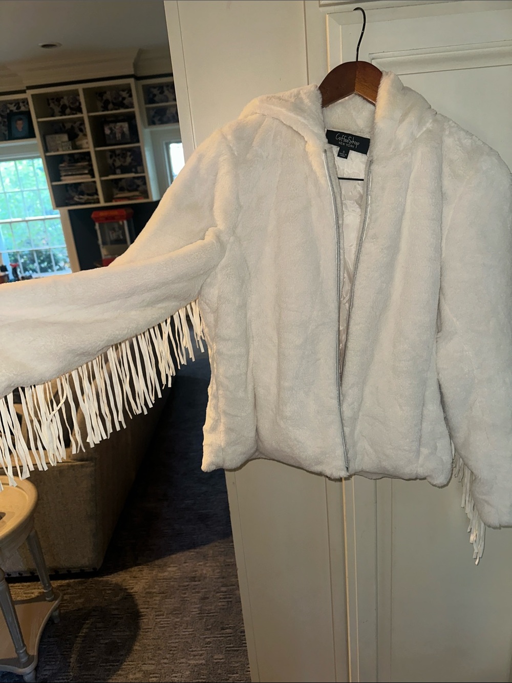 CoffeeShop Cream Faux Fur Hooded Puffer with Fringe